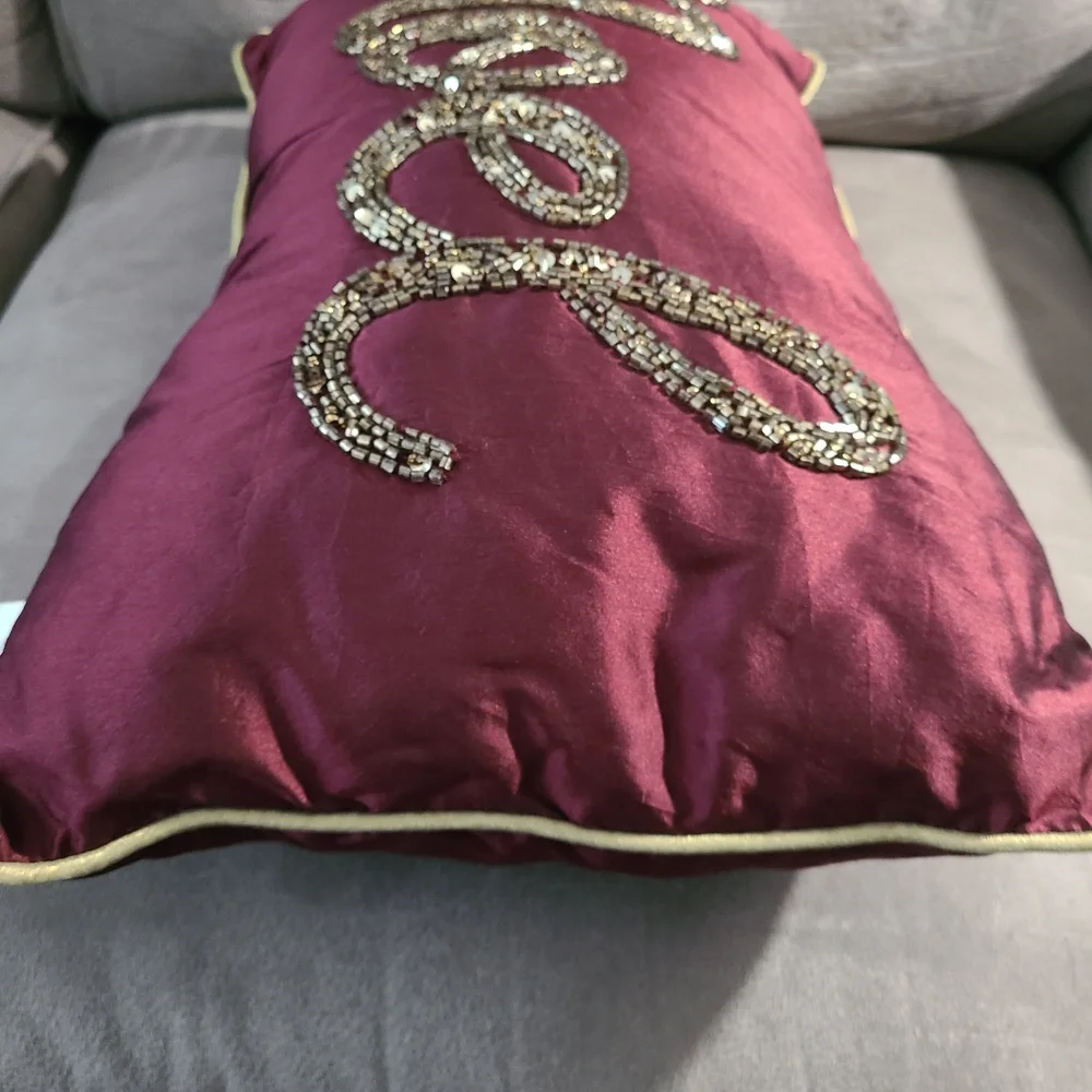 Festive‎ Burgundy Beaded NOEL Holiday Pillow